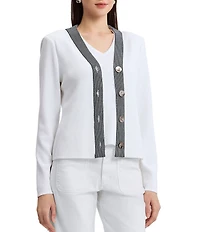 Ming Wang x Family Savvy Contrast Trim Soft Knit V-Neck Long Sleeve Cardigan