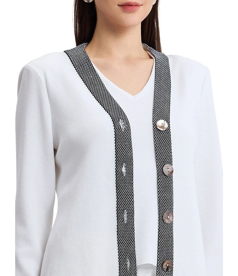 Ming Wang x Family Savvy Contrast Trim Soft Knit V-Neck Long Sleeve Cardigan