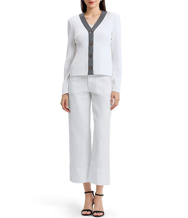 Ming Wang x Family Savvy Contrast Trim Soft Knit V-Neck Long Sleeve Cardigan