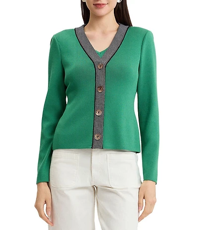 Ming Wang x Family Savvy Contrast Trim Soft Knit V-Neck Long Sleeve Cardigan