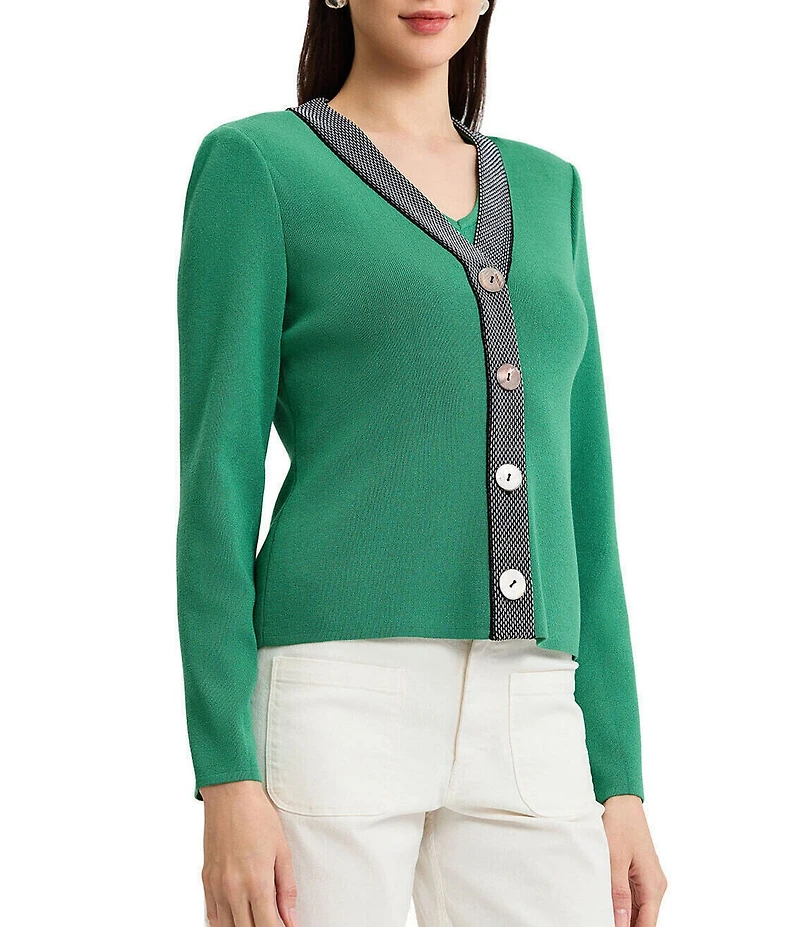 Ming Wang x Family Savvy Contrast Trim Soft Knit V-Neck Long Sleeve Cardigan