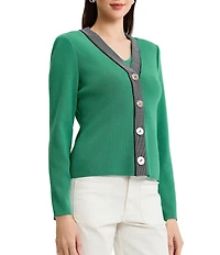Ming Wang x Family Savvy Contrast Trim Soft Knit V-Neck Long Sleeve Cardigan