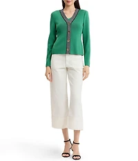 Ming Wang x Family Savvy Contrast Trim Soft Knit V-Neck Long Sleeve Cardigan