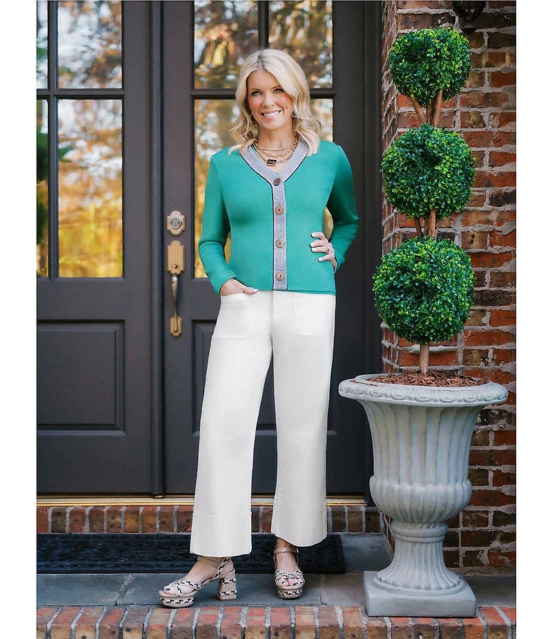Ming Wang x Family Savvy Contrast Trim Soft Knit V-Neck Long Sleeve Cardigan
