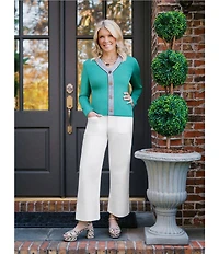 Ming Wang x Family Savvy Contrast Trim Soft Knit V-Neck Long Sleeve Cardigan