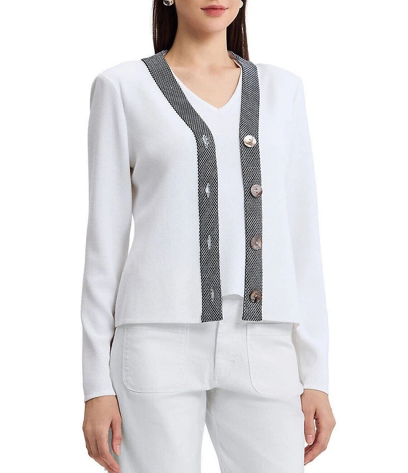 Ming Wang x Family Savvy Contrast Trim Soft Knit V-Neck Long Sleeve Cardigan
