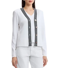 Ming Wang x Family Savvy Contrast Trim Soft Knit V-Neck Long Sleeve Cardigan