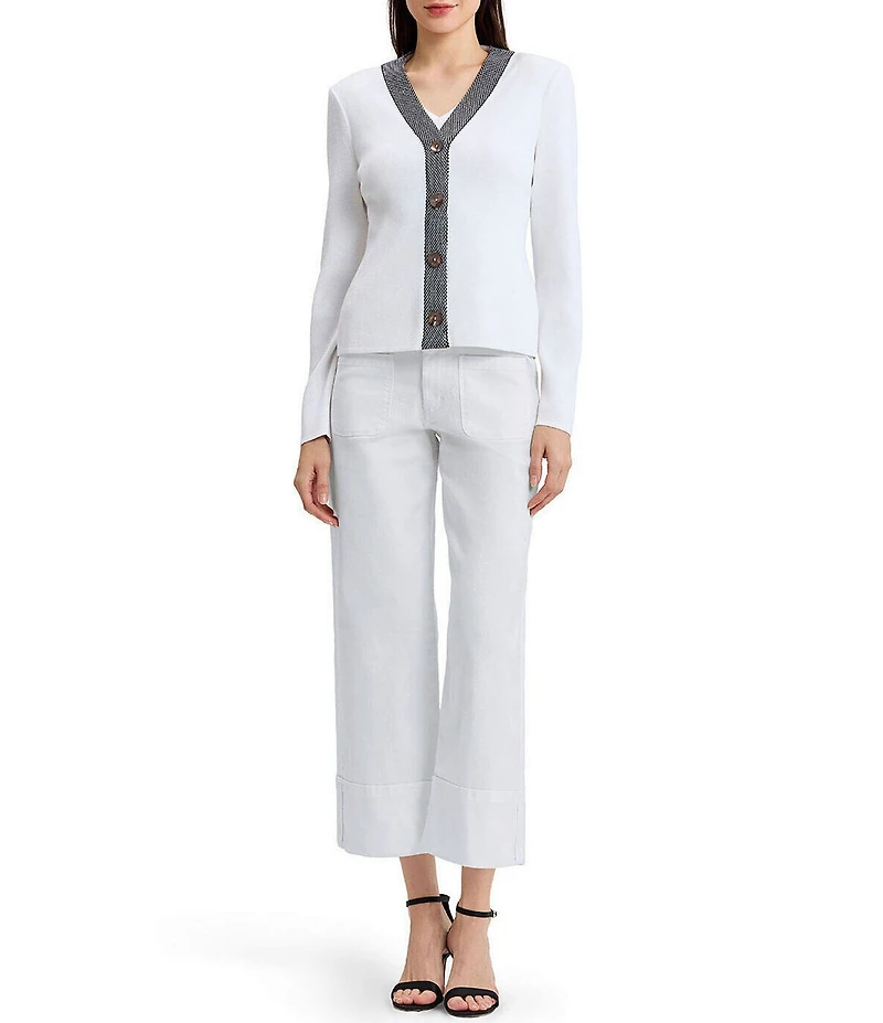 Ming Wang x Family Savvy Contrast Trim Soft Knit V-Neck Long Sleeve Cardigan