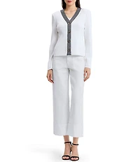 Ming Wang x Family Savvy Contrast Trim Soft Knit V-Neck Long Sleeve Cardigan