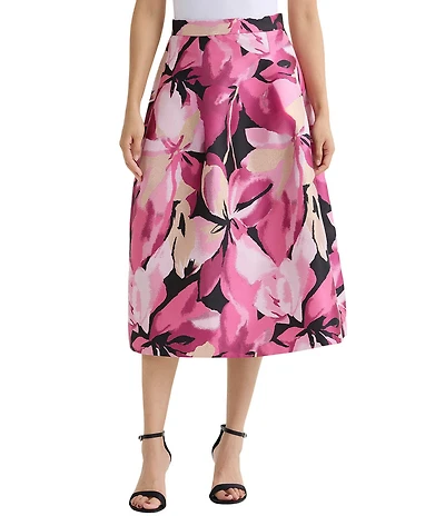 Ming Wang x Family Savvy Coordinating Shimmer Lined Floral Jacquard Flared Midi Skirt