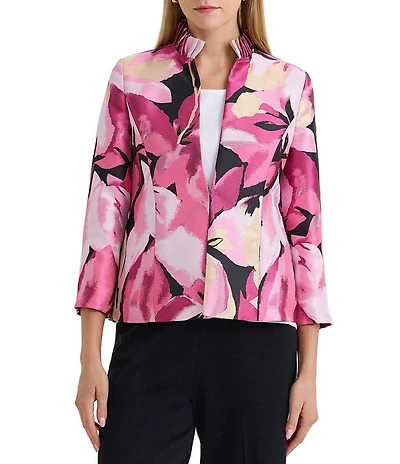 Ming Wang x Family Savvy Coordinating Shimmer Lined Floral Jacquard Ruffle Collar Bracelet Sleeve Jacket