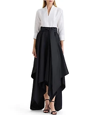 Ming Wang x Family Savvy Duponi Modified Mandarin V-Neck Cuffed Bracelet Sleeve High-Low Midi Dress