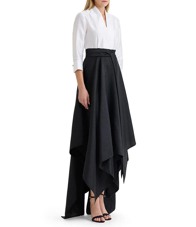 Ming Wang x Family Savvy Duponi Modified Mandarin V-Neck Cuffed Bracelet Sleeve High-Low Midi Dress