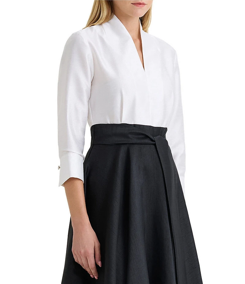 Ming Wang x Family Savvy Duponi Modified Mandarin V-Neck Cuffed Bracelet Sleeve High-Low Midi Dress