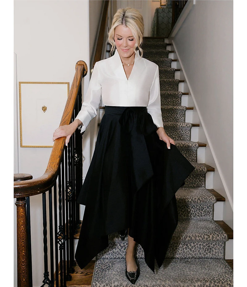 Ming Wang x Family Savvy Duponi Modified Mandarin V-Neck Cuffed Bracelet Sleeve High-Low Midi Dress