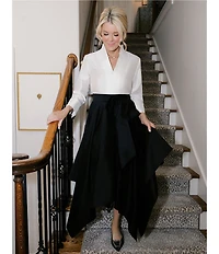 Ming Wang x Family Savvy Duponi Modified Mandarin V-Neck Cuffed Bracelet Sleeve High-Low Midi Dress