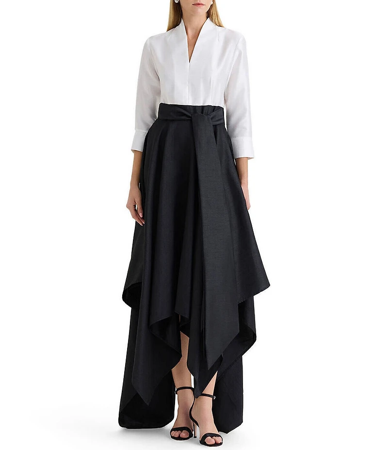 Ming Wang x Family Savvy Duponi Modified Mandarin V-Neck Cuffed Bracelet Sleeve High-Low Handkerchief Hem Gown