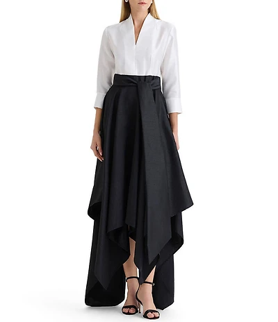 Ming Wang x Family Savvy Duponi Modified Mandarin V-Neck Cuffed Bracelet Sleeve High-Low Handkerchief Hem Gown