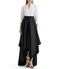 Ming Wang x Family Savvy Duponi Modified Mandarin V-Neck Cuffed Bracelet Sleeve High-Low Handkerchief Hem Gown