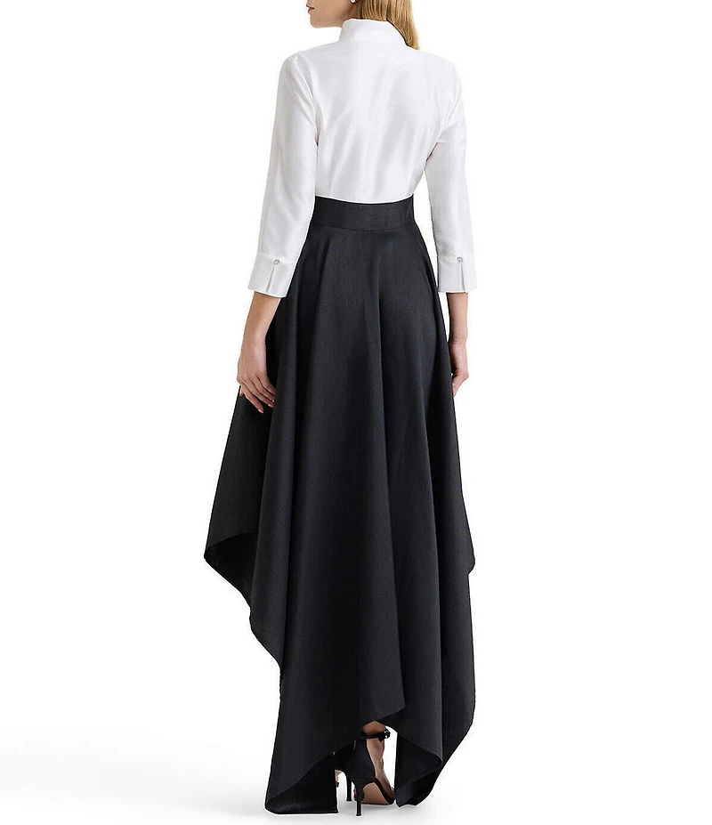 Ming Wang x Family Savvy Duponi Modified Mandarin V-Neck Cuffed Bracelet Sleeve High-Low Handkerchief Hem Gown