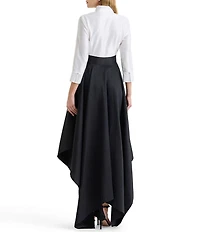 Ming Wang x Family Savvy Duponi Modified Mandarin V-Neck Cuffed Bracelet Sleeve High-Low Handkerchief Hem Gown