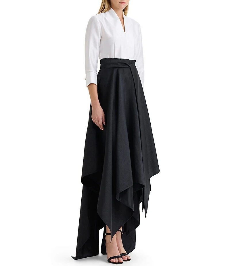 Ming Wang x Family Savvy Duponi Modified Mandarin V-Neck Cuffed Bracelet Sleeve High-Low Handkerchief Hem Gown