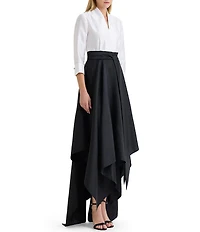 Ming Wang x Family Savvy Duponi Modified Mandarin V-Neck Cuffed Bracelet Sleeve High-Low Handkerchief Hem Gown