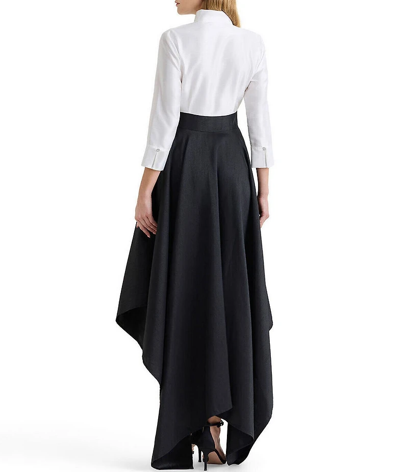 Ming Wang x Family Savvy Duponi Modified Mandarin V-Neck Cuffed Bracelet Sleeve High-Low Handkerchief Hem Gown