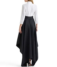 Ming Wang x Family Savvy Duponi Modified Mandarin V-Neck Cuffed Bracelet Sleeve High-Low Handkerchief Hem Gown
