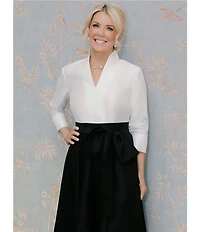 Ming Wang x Family Savvy Duponi Modified Mandarin V-Neck Cuffed Bracelet Sleeve High-Low Handkerchief Hem Gown