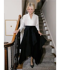 Ming Wang x Family Savvy Duponi Modified Mandarin V-Neck Cuffed Bracelet Sleeve High-Low Handkerchief Hem Gown