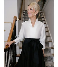 Ming Wang x Family Savvy Duponi Modified Mandarin V-Neck Cuffed Bracelet Sleeve High-Low Handkerchief Hem Gown