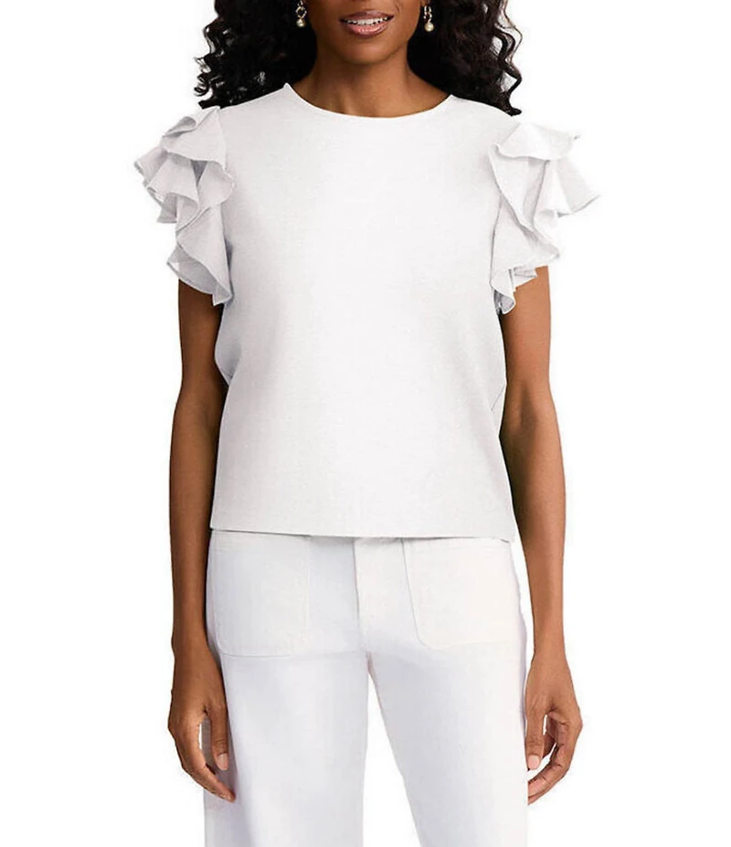 Ming Wang x Family Savvy Mixed Media Jewel Neck Flutter Cap Sleeve Top