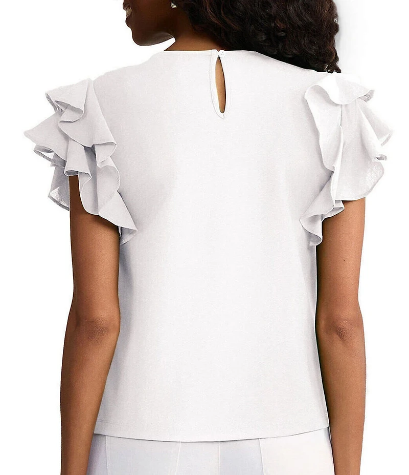 Ming Wang x Family Savvy Mixed Media Jewel Neck Flutter Cap Sleeve Top