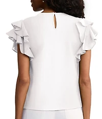 Ming Wang x Family Savvy Mixed Media Jewel Neck Flutter Cap Sleeve Top