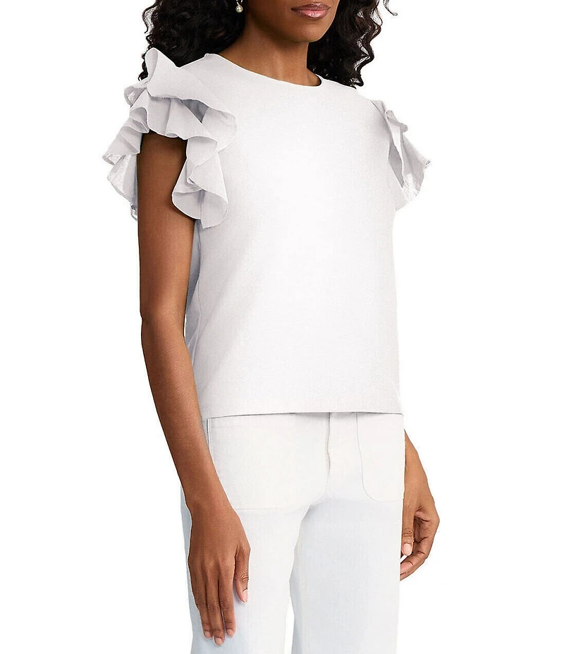 Ming Wang x Family Savvy Mixed Media Jewel Neck Flutter Cap Sleeve Top