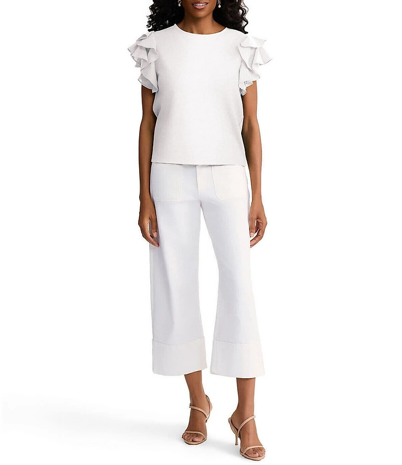 Ming Wang x Family Savvy Mixed Media Jewel Neck Flutter Cap Sleeve Top