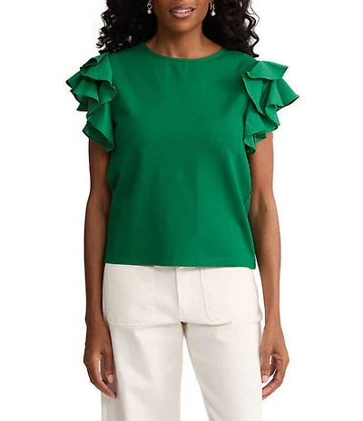 Ming Wang x Family Savvy Mixed Media Jewel Neck Flutter Cap Sleeve Top