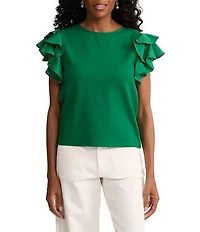 Ming Wang x Family Savvy Mixed Media Jewel Neck Flutter Cap Sleeve Top