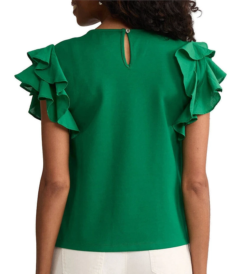 Ming Wang x Family Savvy Mixed Media Jewel Neck Flutter Cap Sleeve Top