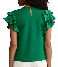 Ming Wang x Family Savvy Mixed Media Jewel Neck Flutter Cap Sleeve Top