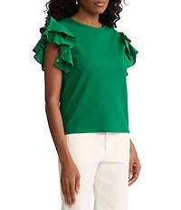 Ming Wang x Family Savvy Mixed Media Jewel Neck Flutter Cap Sleeve Top