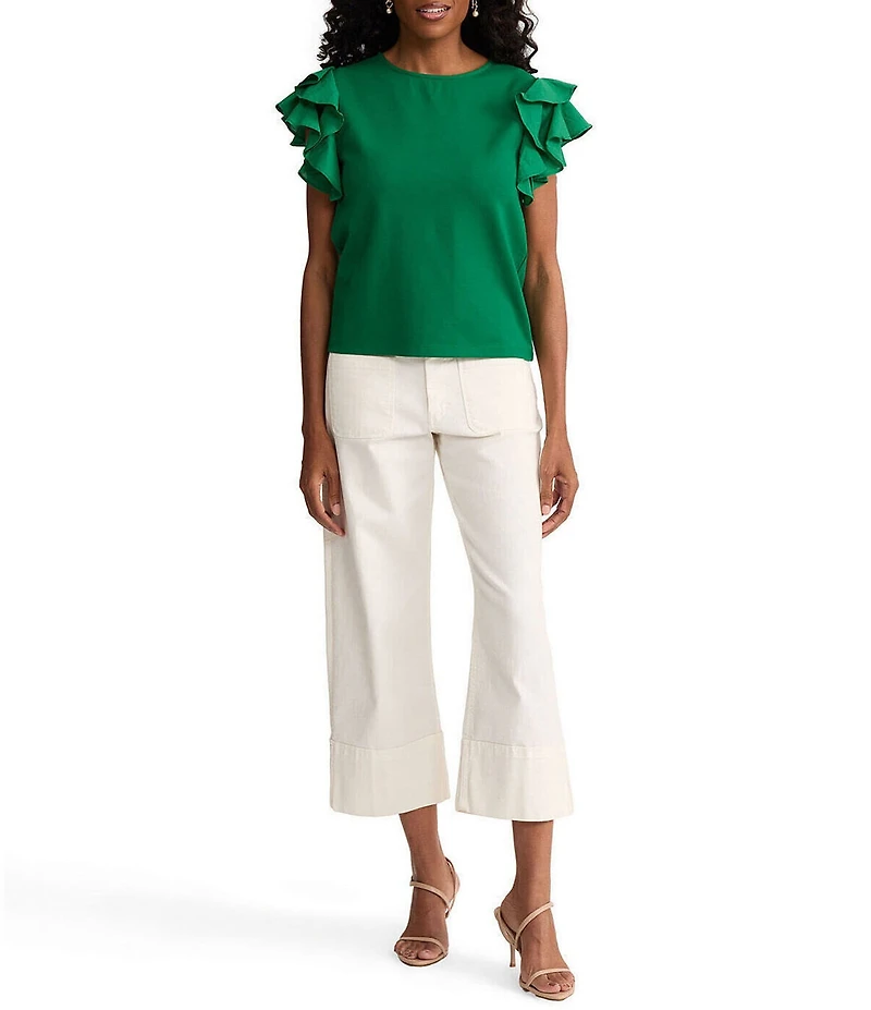Ming Wang x Family Savvy Mixed Media Jewel Neck Flutter Cap Sleeve Top