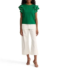 Ming Wang x Family Savvy Mixed Media Jewel Neck Flutter Cap Sleeve Top
