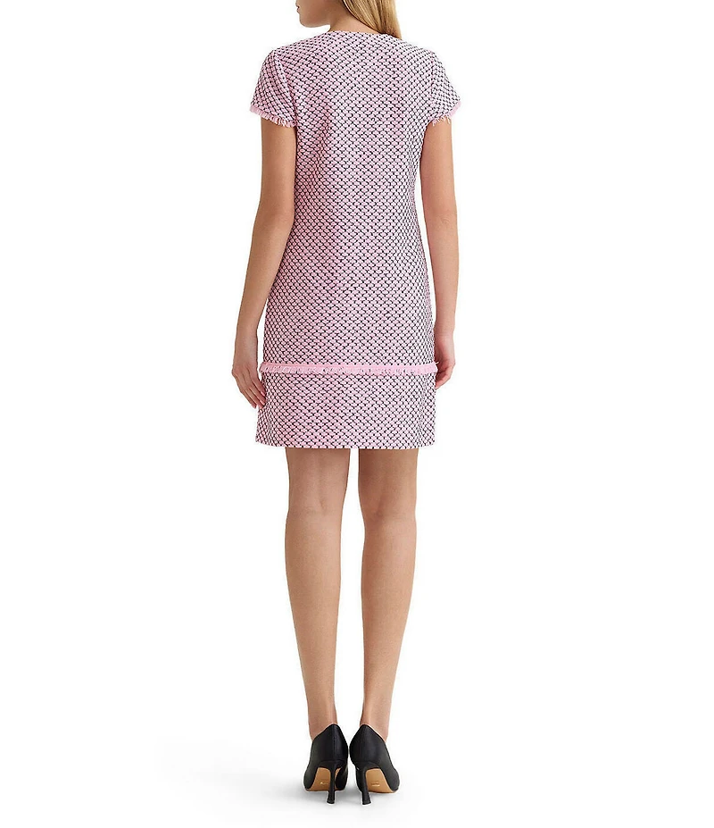 Ming Wang x Family Savvy Shell Stitch Fringe Accent Split V-Neck Cap Sleeve Dress