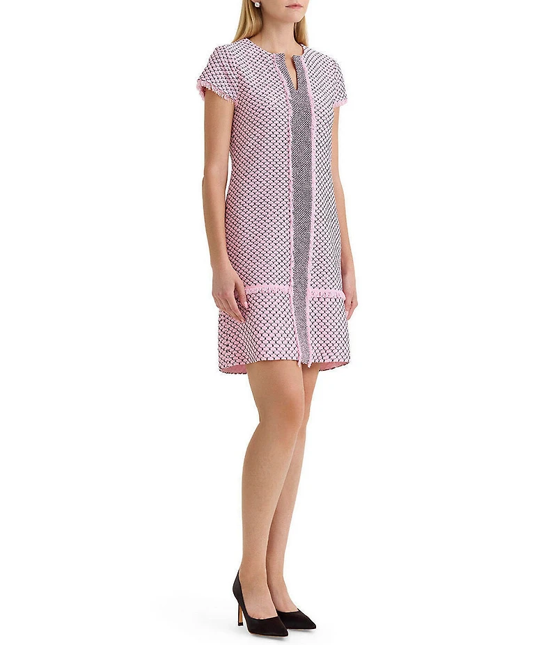 Ming Wang x Family Savvy Shell Stitch Fringe Accent Split V-Neck Cap Sleeve Dress