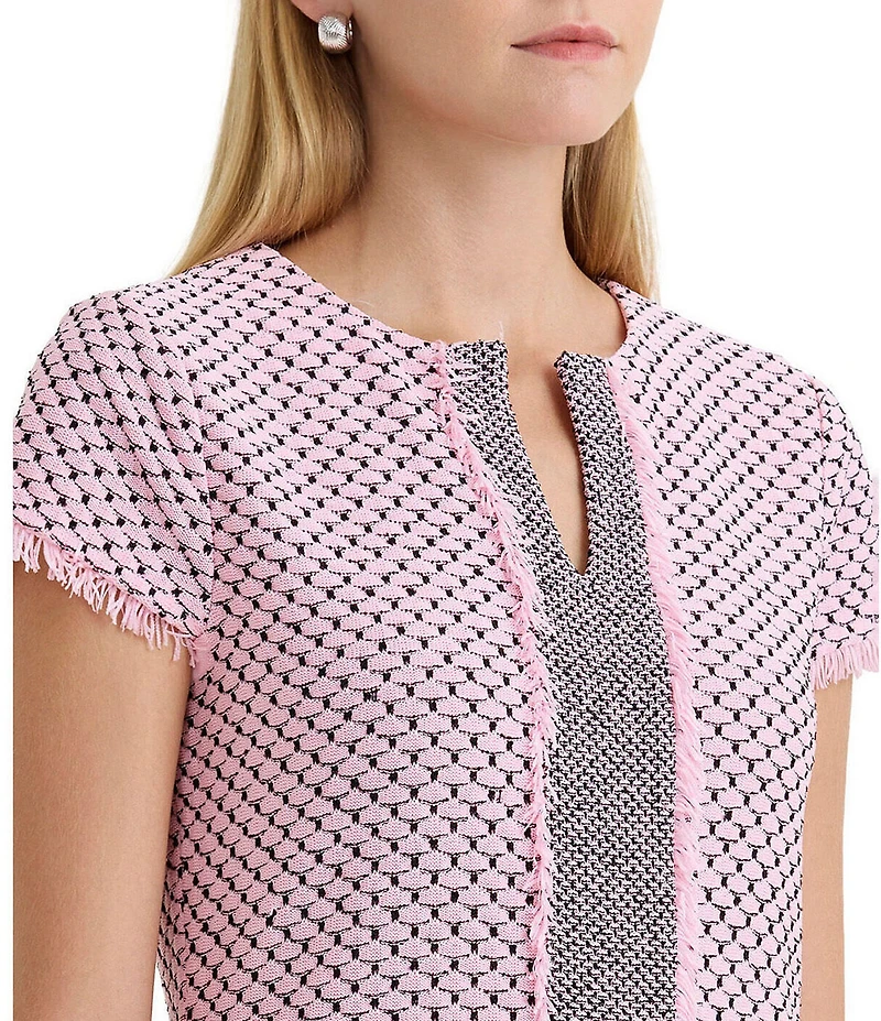 Ming Wang x Family Savvy Shell Stitch Fringe Accent Split V-Neck Cap Sleeve Dress