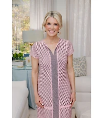 Ming Wang x Family Savvy Shell Stitch Fringe Accent Split V-Neck Cap Sleeve Dress