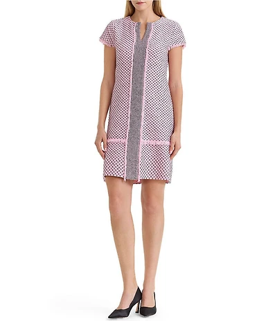 Ming Wang x Family Savvy Shell Stitch Fringe Accent Split V-Neck Cap Sleeve Dress