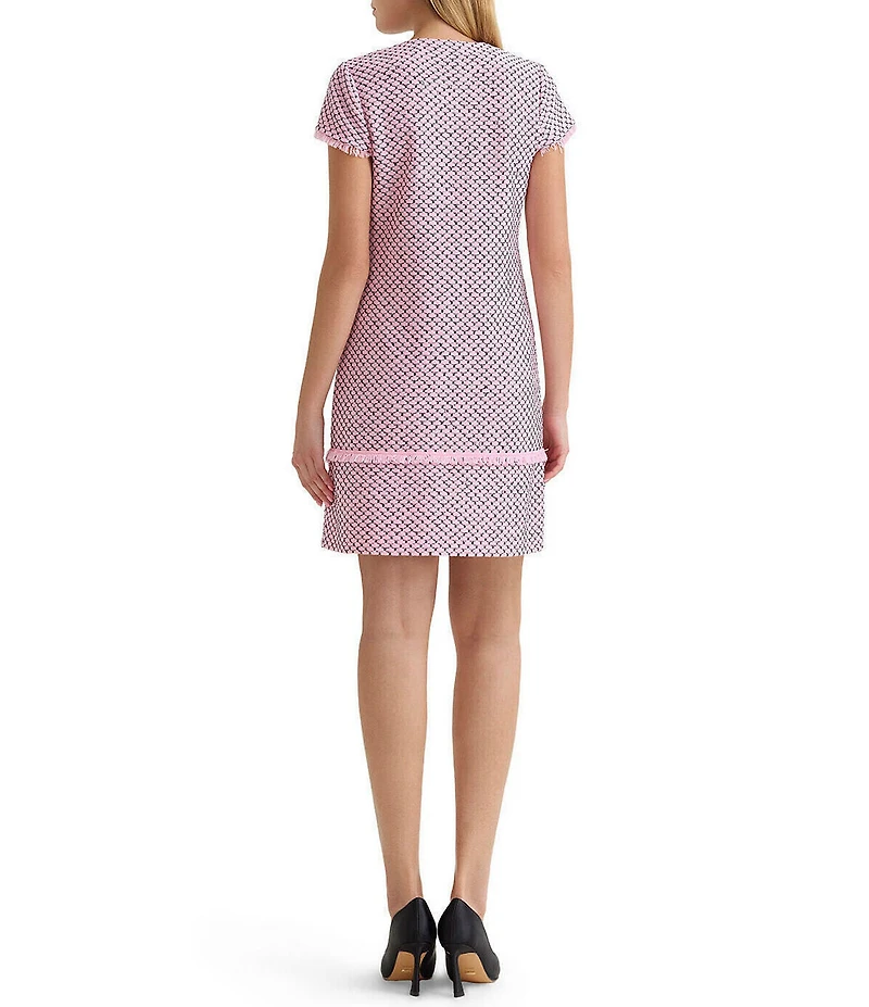 Ming Wang x Family Savvy Shell Stitch Fringe Accent Split V-Neck Cap Sleeve Dress